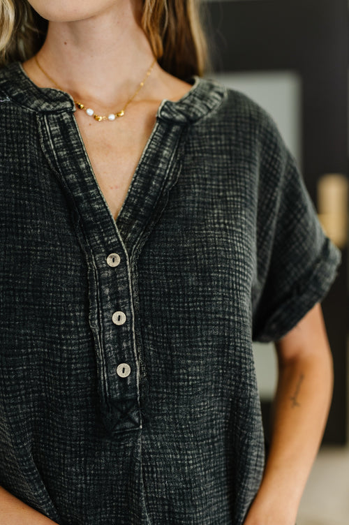 Basic Fade V-Neck Acid Wash Top in Ash Black - Maple Row Boutique
