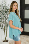 Basic Fade V-Neck Acid Wash Top in Dusty Teal - Maple Row Boutique