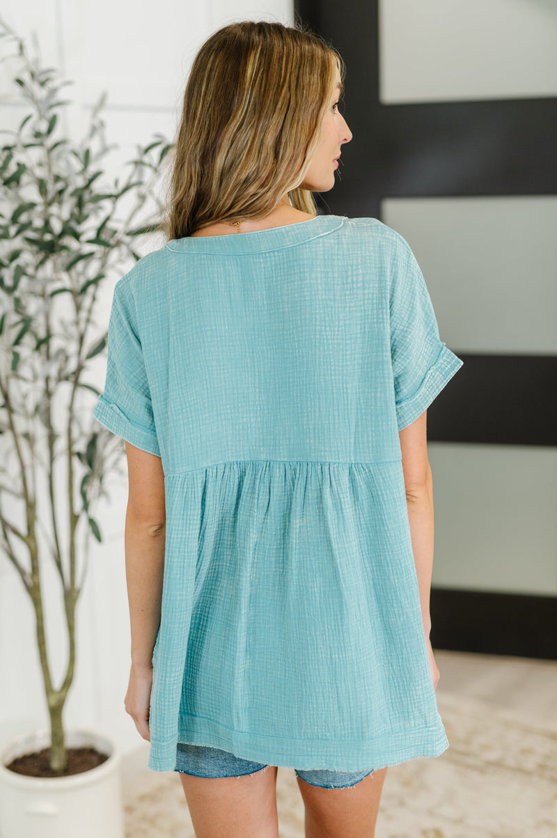 Basic Fade V-Neck Acid Wash Top in Dusty Teal - Maple Row Boutique