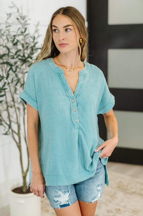 Basic Fade V-Neck Acid Wash Top in Dusty Teal - Maple Row Boutique