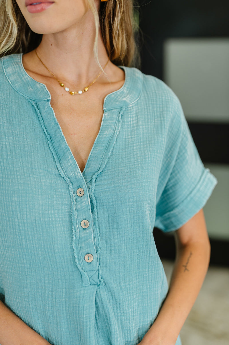 Basic Fade V-Neck Acid Wash Top in Dusty Teal - Maple Row Boutique