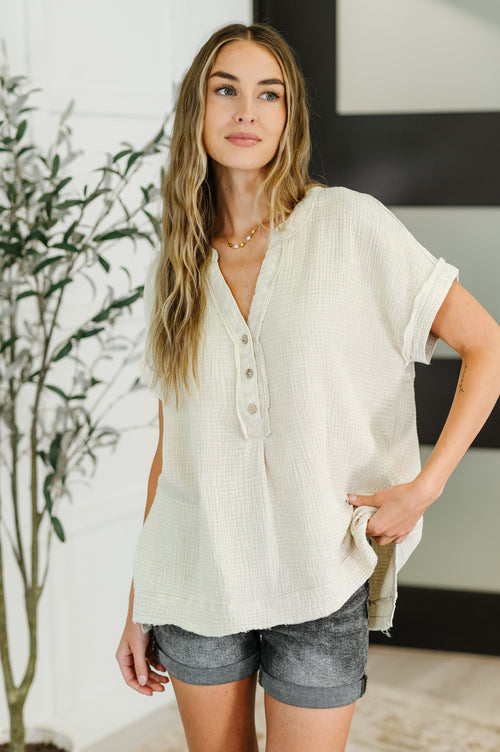 Basic Fade V-Neck Acid Wash Top in Sand Beige - Maple Row Boutique