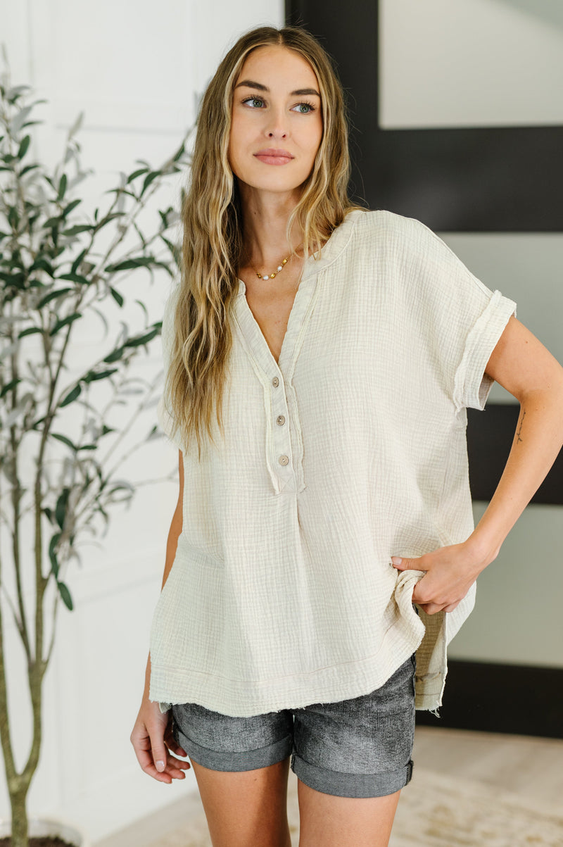 Basic Fade V-Neck Acid Wash Top in Sand Beige - Maple Row Boutique