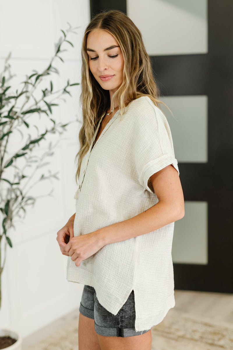 Basic Fade V-Neck Acid Wash Top in Sand Beige - Maple Row Boutique