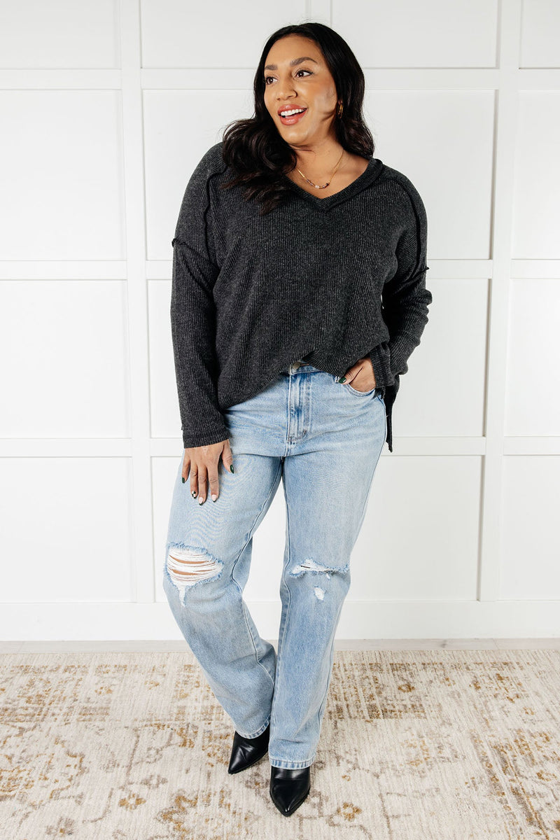 Basically Freezing Brushed Hacci Top in Black - Maple Row Boutique