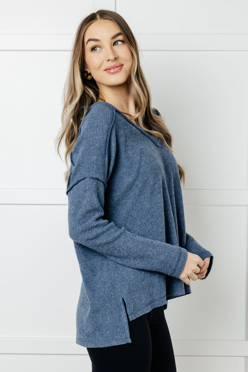 Basically Freezing Brushed Hacci Top in Dusty Blue - Maple Row Boutique