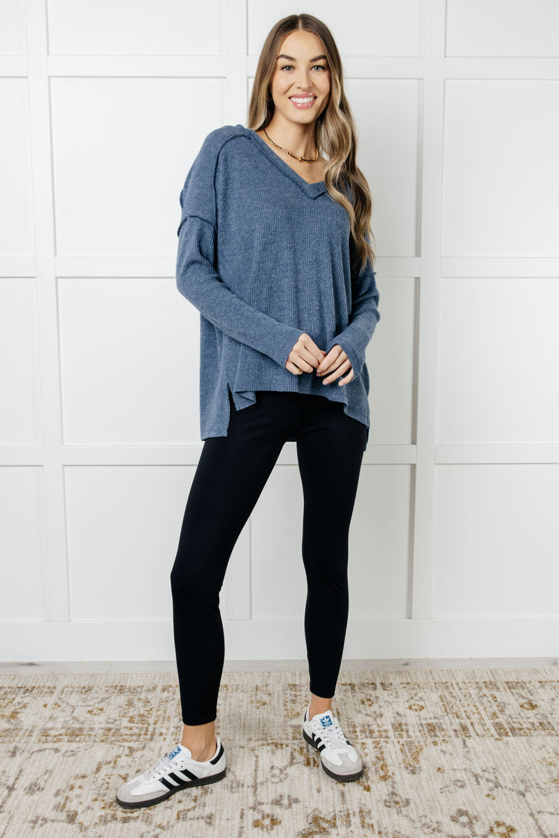Basically Freezing Brushed Hacci Top in Dusty Blue - Maple Row Boutique