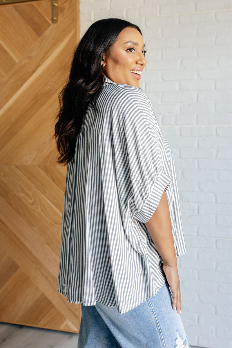 Boxy Striped Button Up in Black - Maple Row Boutique 