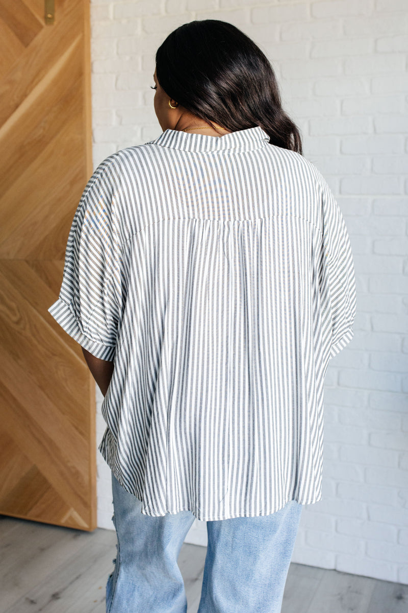 Boxy Striped Button Up in Black - Maple Row Boutique 