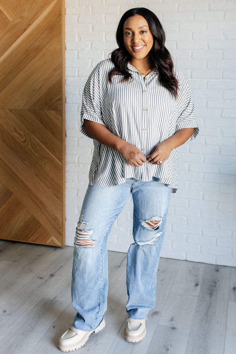 Boxy Striped Button Up in Black - Maple Row Boutique 