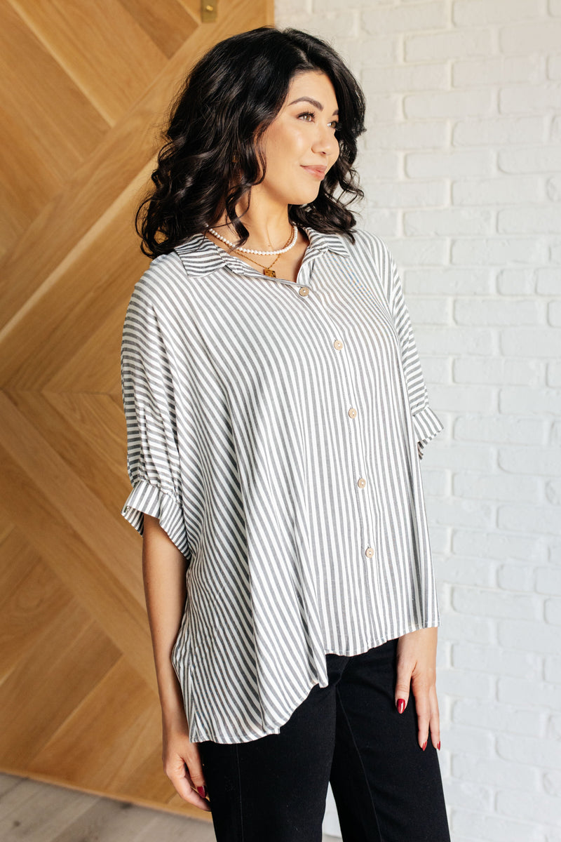 Boxy Striped Button Up in Black - Maple Row Boutique 