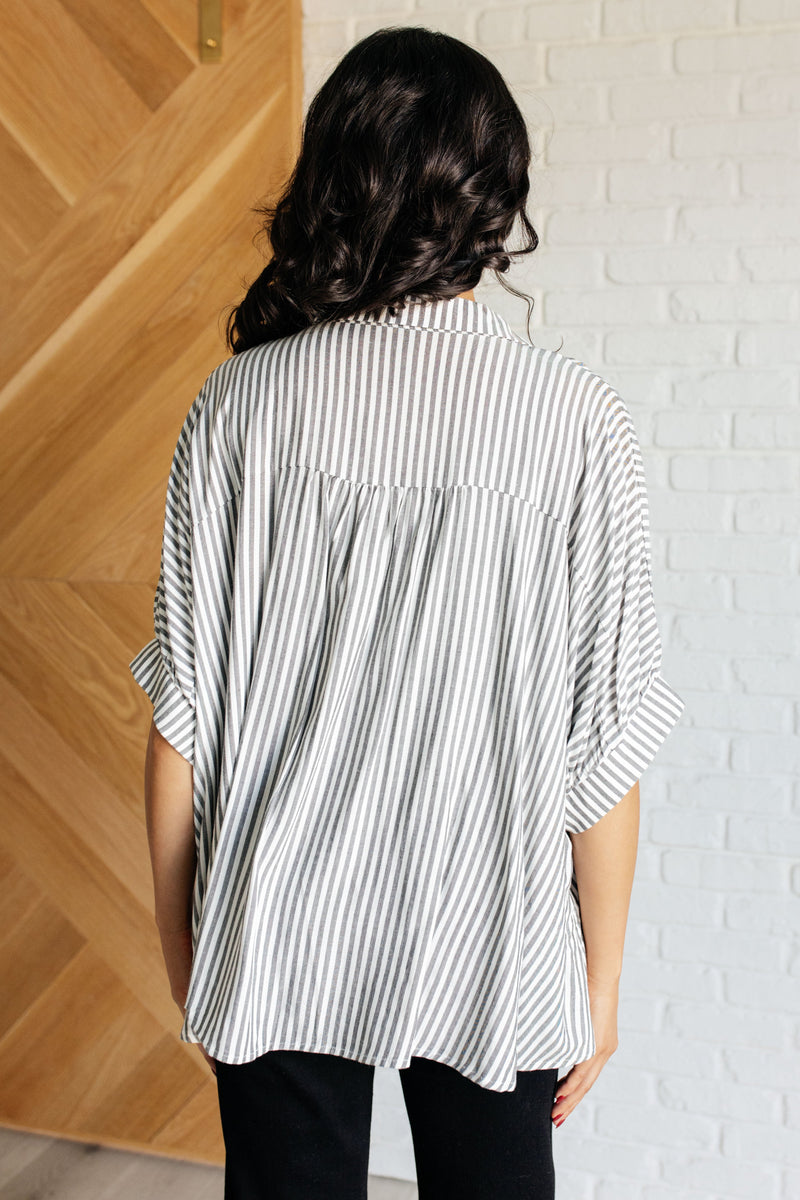 Boxy Striped Button Up in Black - Maple Row Boutique 