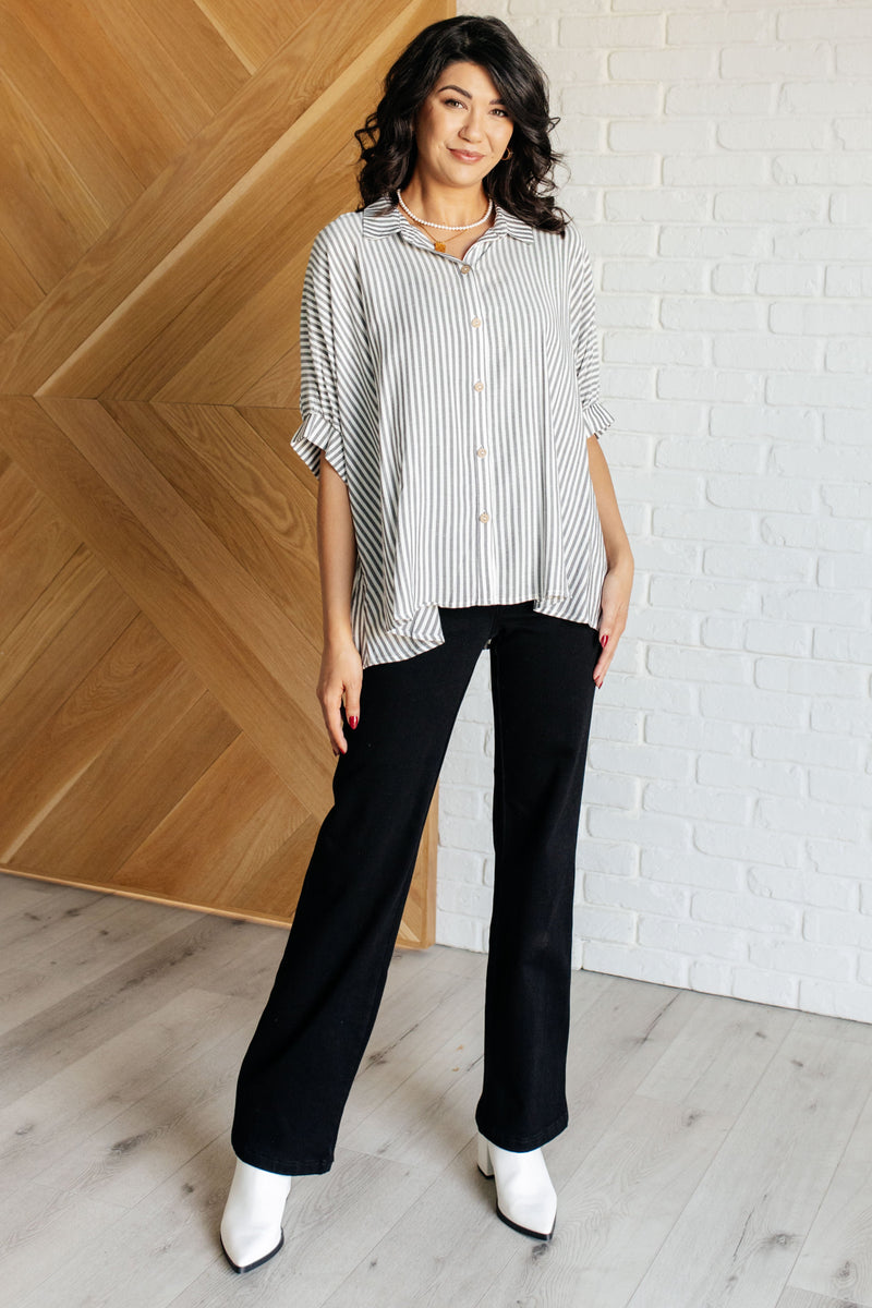 Boxy Striped Button Up in Black - Maple Row Boutique 