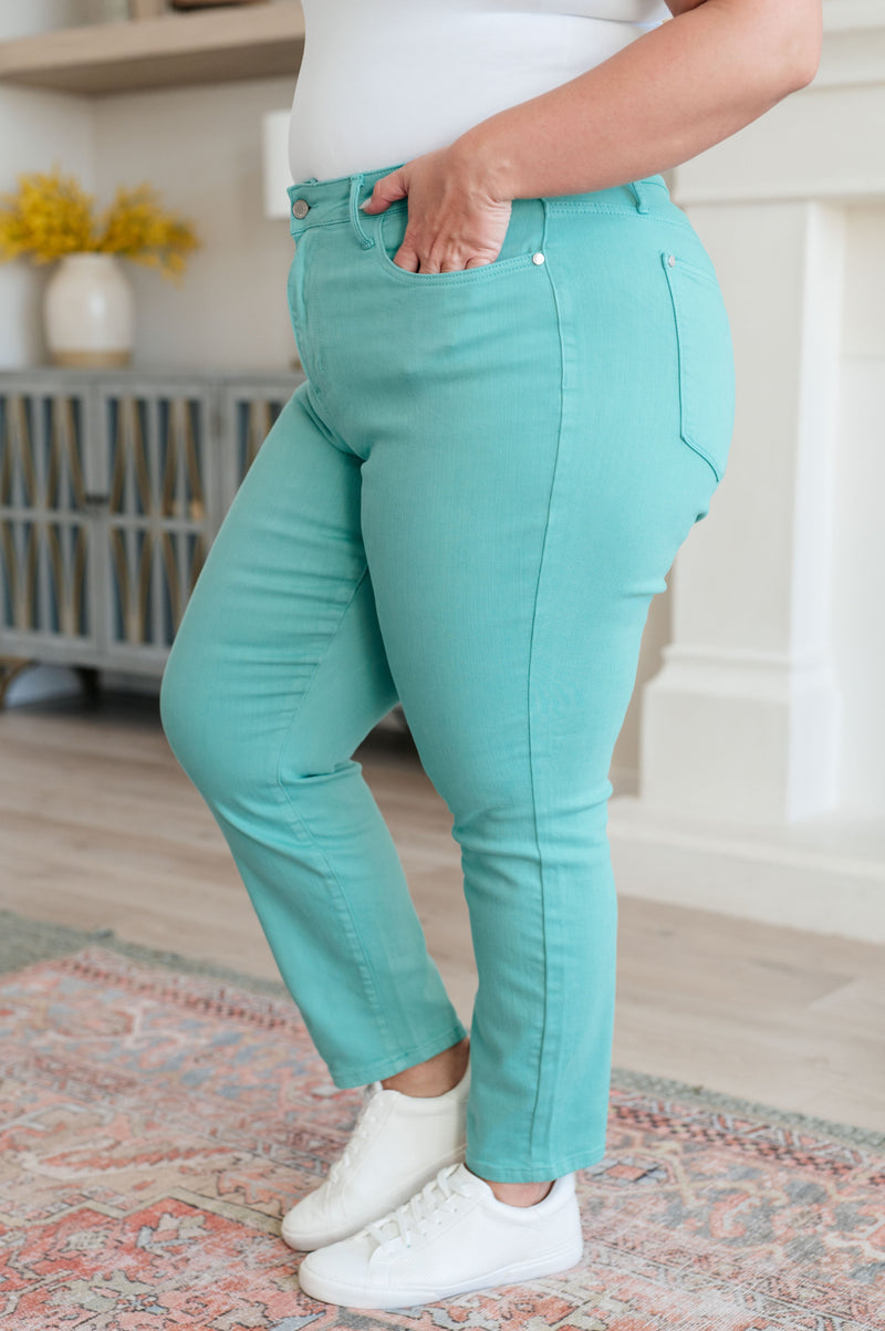 Bridgette High Rise Garment Dyed Slim Jeans in Aquamarine - Maple Row Boutique 