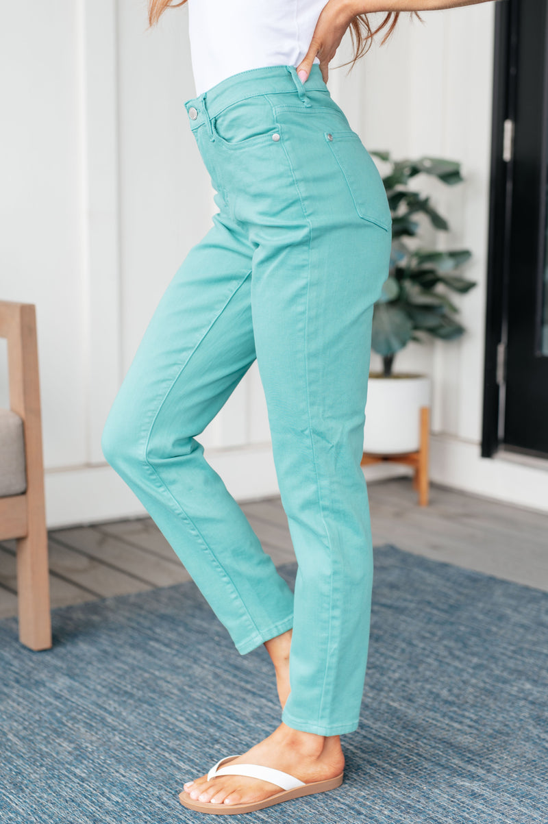Bridgette High Rise Garment Dyed Slim Jeans in Aquamarine - Maple Row Boutique 