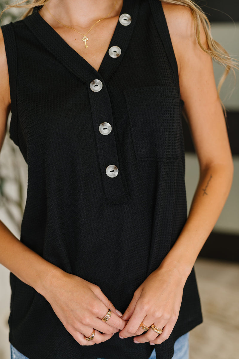 Buttoned Up Buttercup Sleeveless Top in Black - Maple Row Boutique