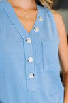 Buttoned Up Buttercup Sleeveless Top in Ocean Blue - Maple Row Boutique