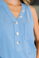 Buttoned Up Buttercup Sleeveless Top in Ocean Blue - Maple Row Boutique
