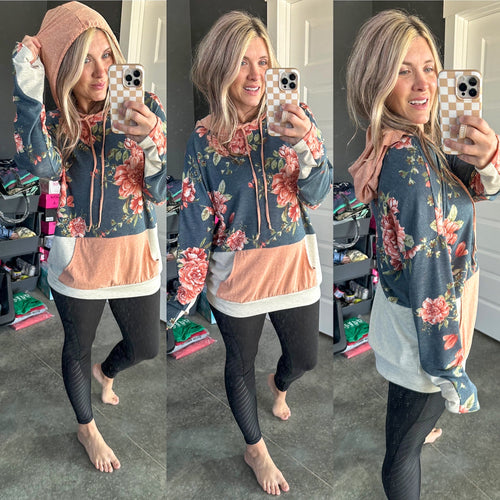 Color Block Long Sleeve Hoodie In Navy Florals - Maple Row Boutique 