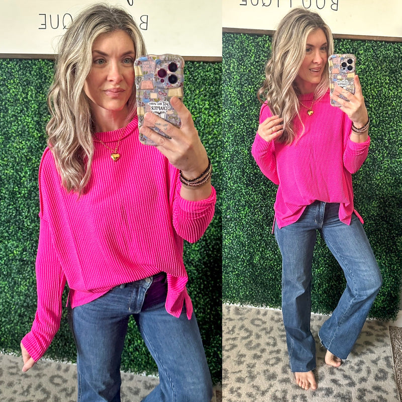 Hot Pink Corded Long Sleeve Top - Maple Row Boutique