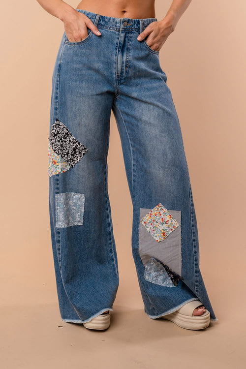 Patchwork Wide Leg Jeans - Maple Row Boutique