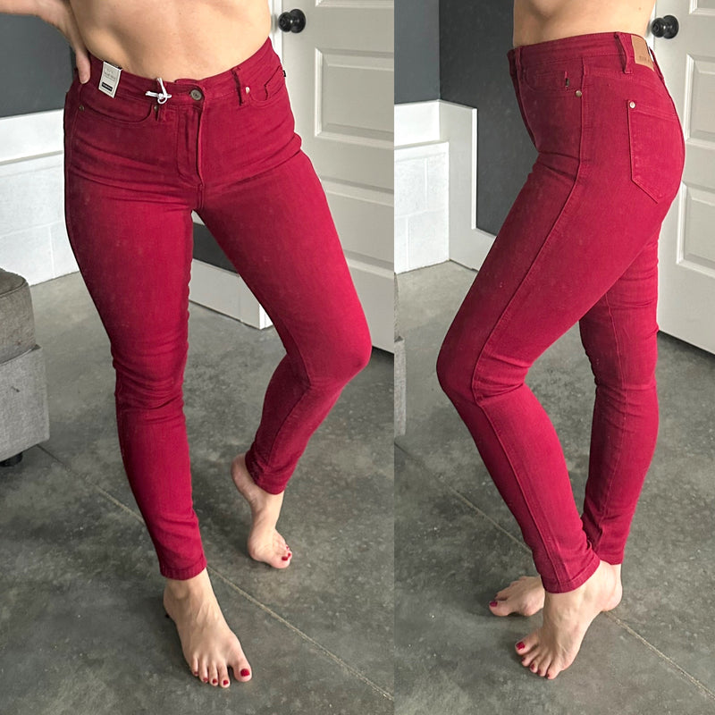 Tummy Control Skinny Fit Judy Blue Jeans In Rich Garnet - Maple Row Boutique 