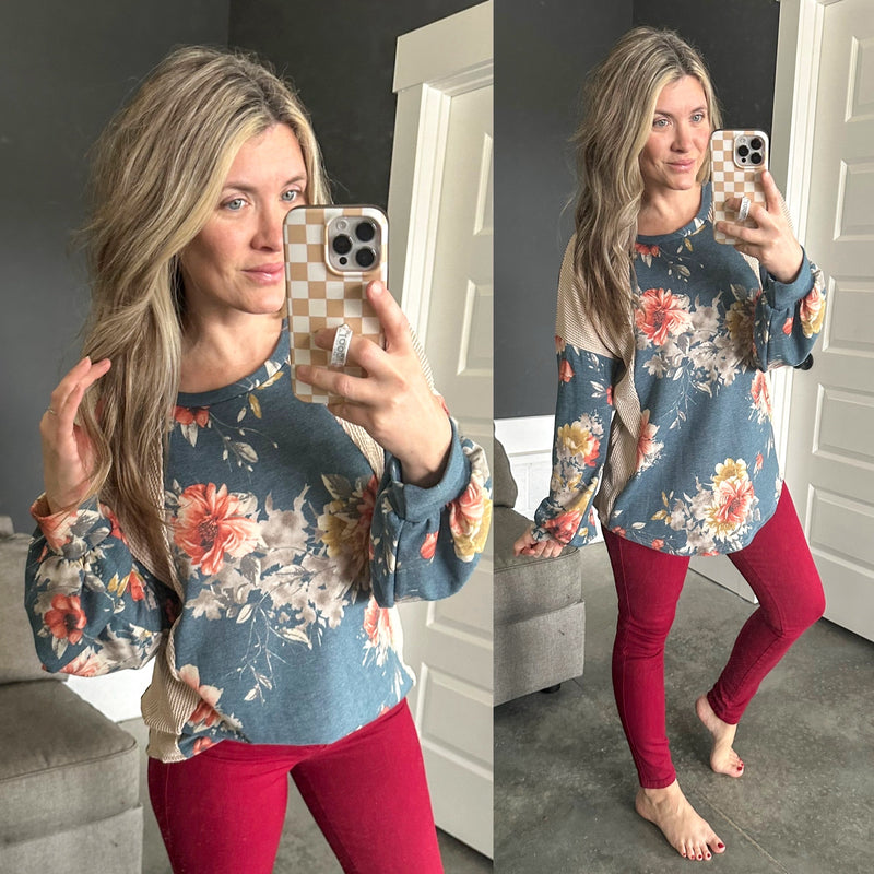 Color Block Top In Cream With Blue Florals - Maple Row Boutique 