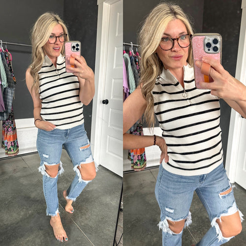 Sleeveless Zip Up Sweater Top In Black & White Stripes - Maple Row Boutique 