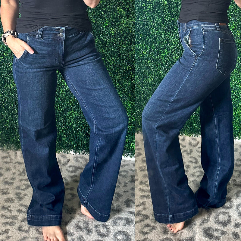 Judy Blue Wide Leg Dark Wash Trouser Jeans - Maple Row Boutique