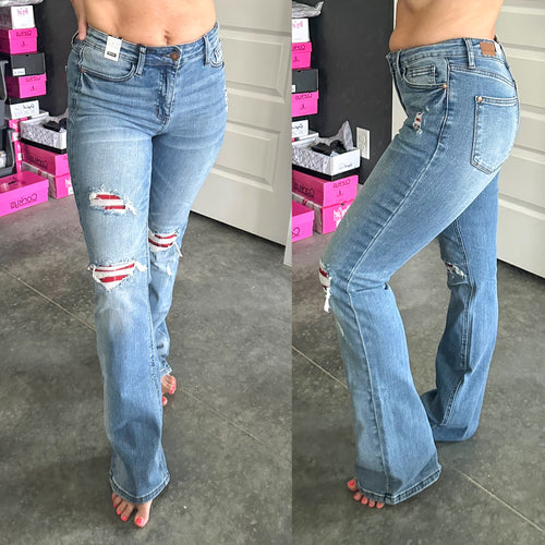 Mid Rise Bootcut Judy Blue Jeans With Plaid Patch Detail - Maple Row Boutique 