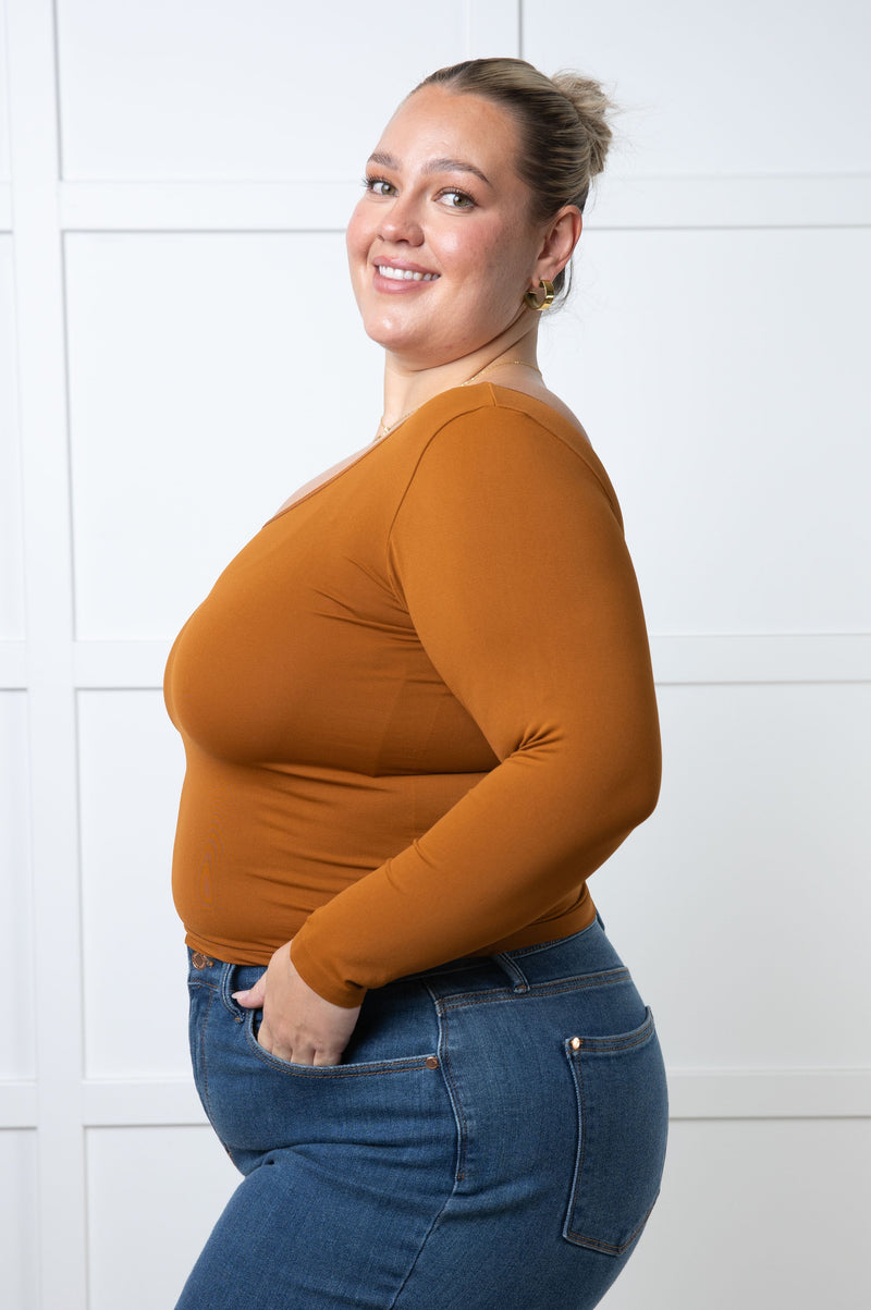 Bring in the Basics Seamless Reversible V-Neck Caramel - Maple Row Boutique 