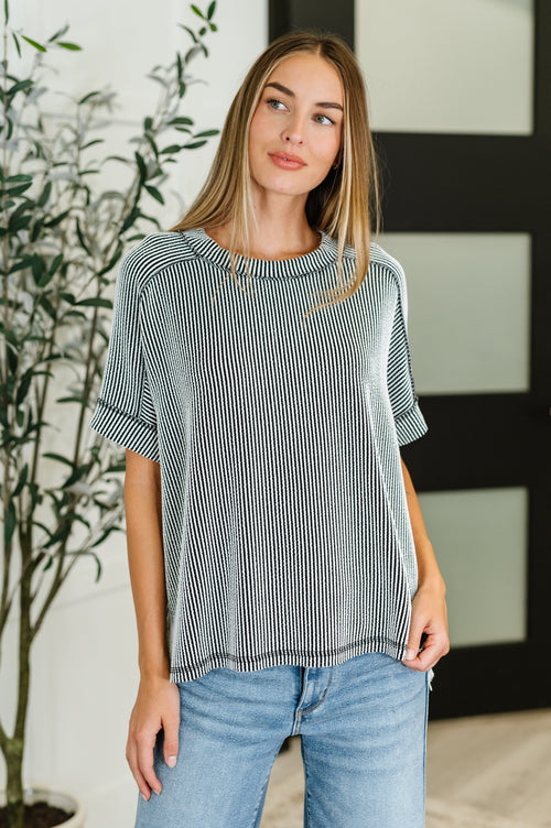 Catch Me Loungin’ Cable Ribbed Knit Top in Black and White - Maple Row Boutique