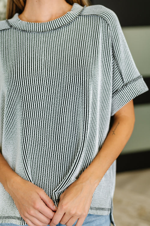 Catch Me Loungin’ Cable Ribbed Knit Top in Black and White - Maple Row Boutique