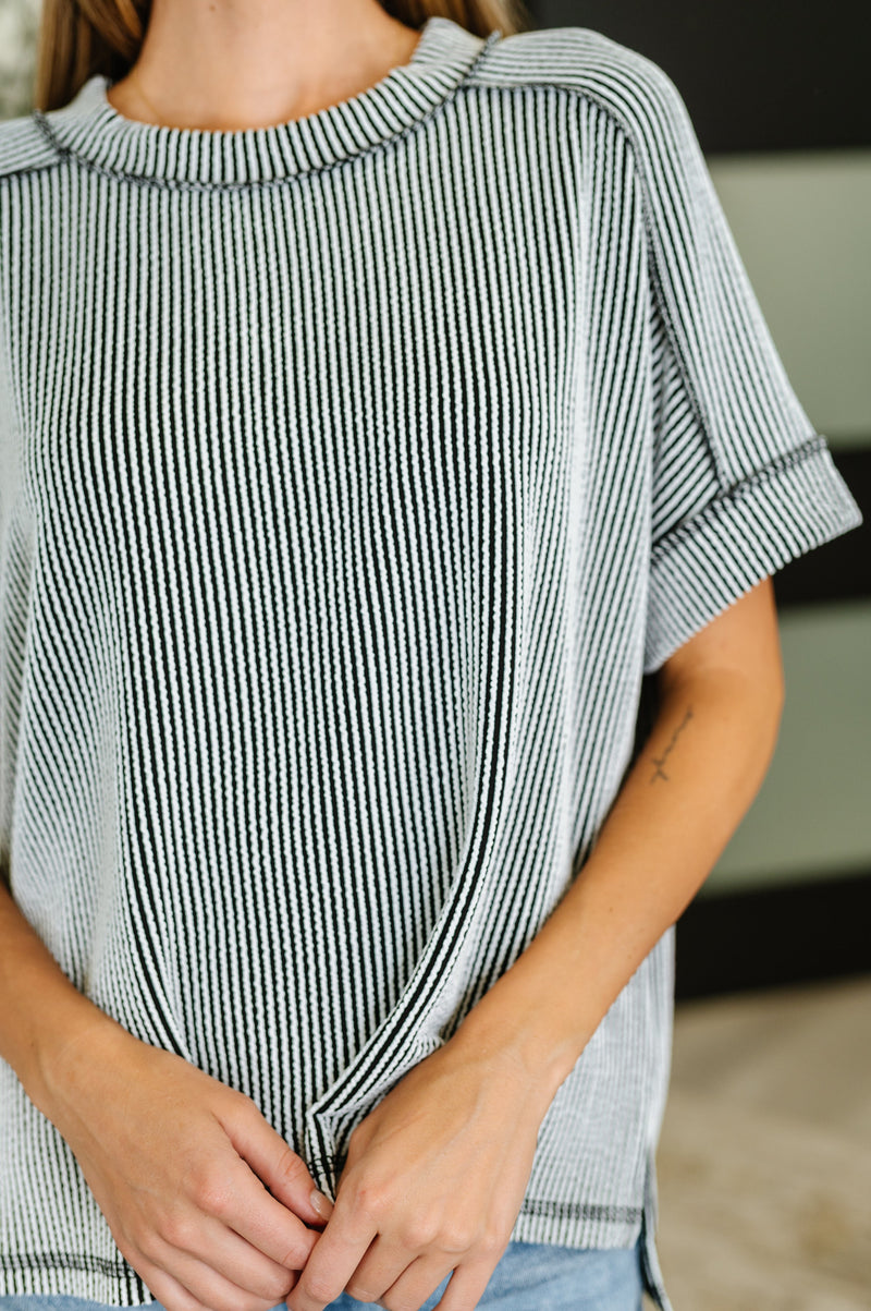 Catch Me Loungin’ Cable Ribbed Knit Top in Black and White - Maple Row Boutique