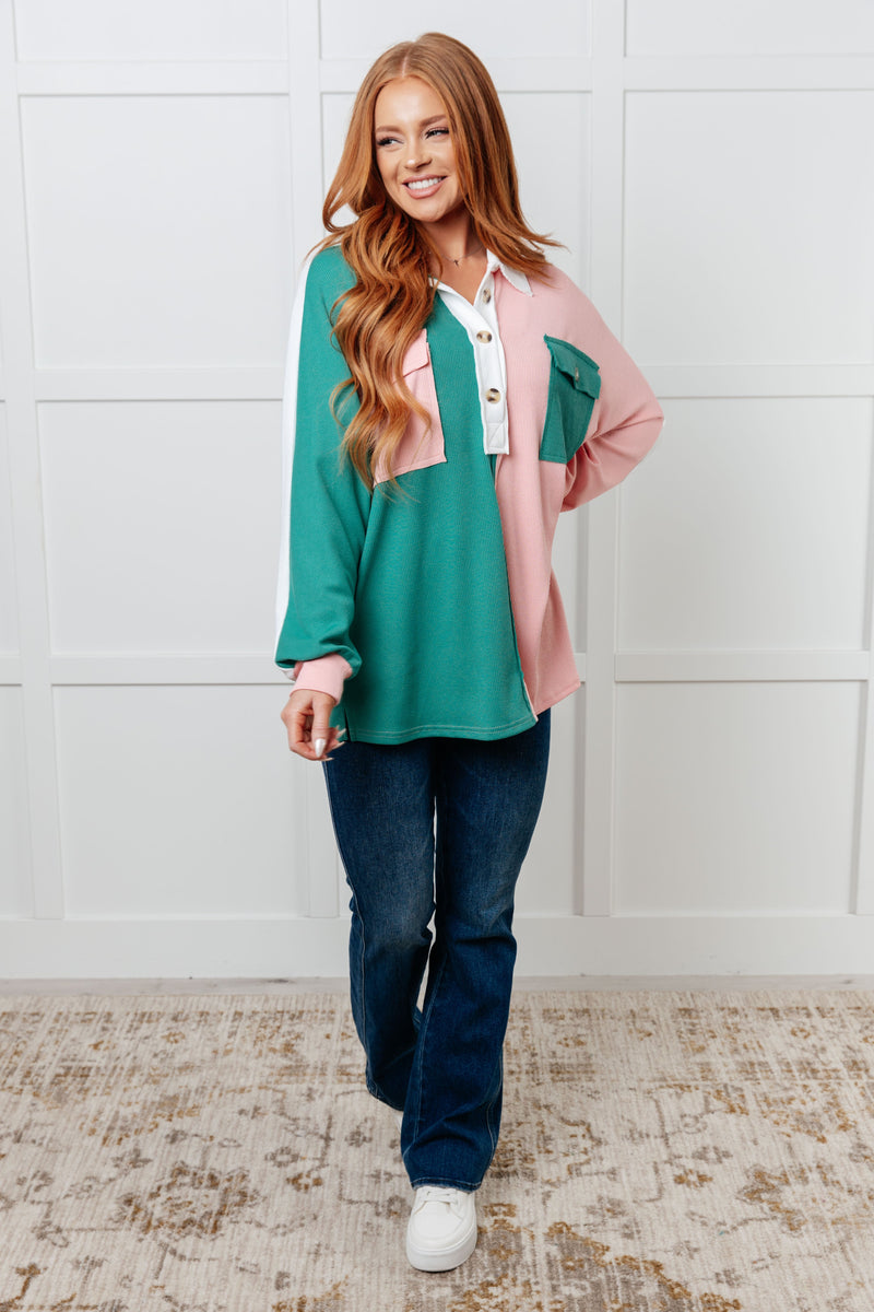 Chip Off the Old Colorblock V-Neck Henley in Green - Maple Row Boutique