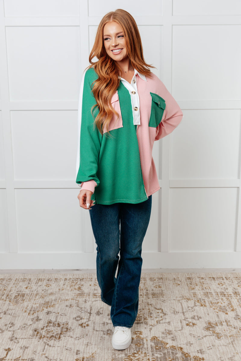 Chip Off the Old Colorblock V-Neck Henley in Green - Maple Row Boutique