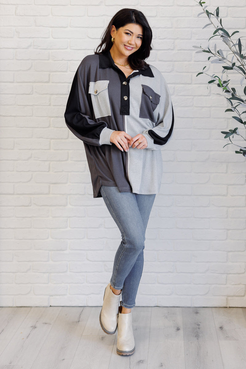 Chip Off the Old Colorblock V-Neck Henley in Grey - Maple Row Boutique