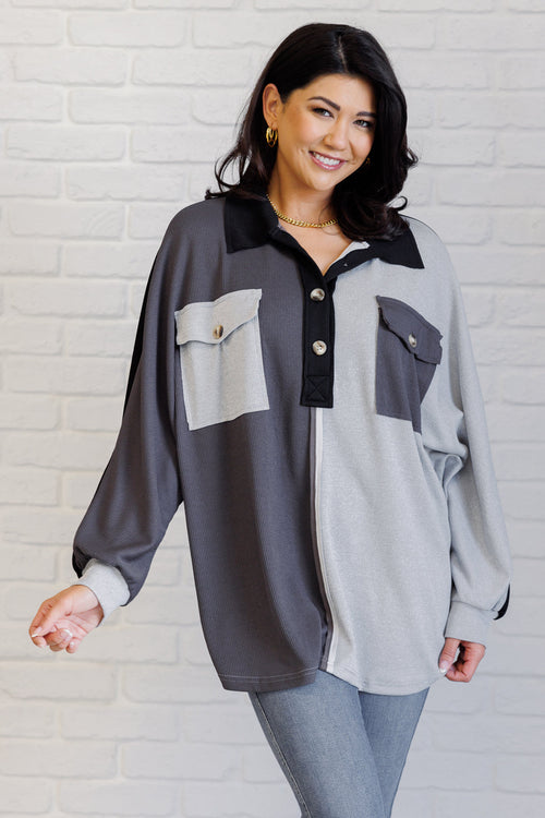Chip Off the Old Colorblock V-Neck Henley in Grey - Maple Row Boutique