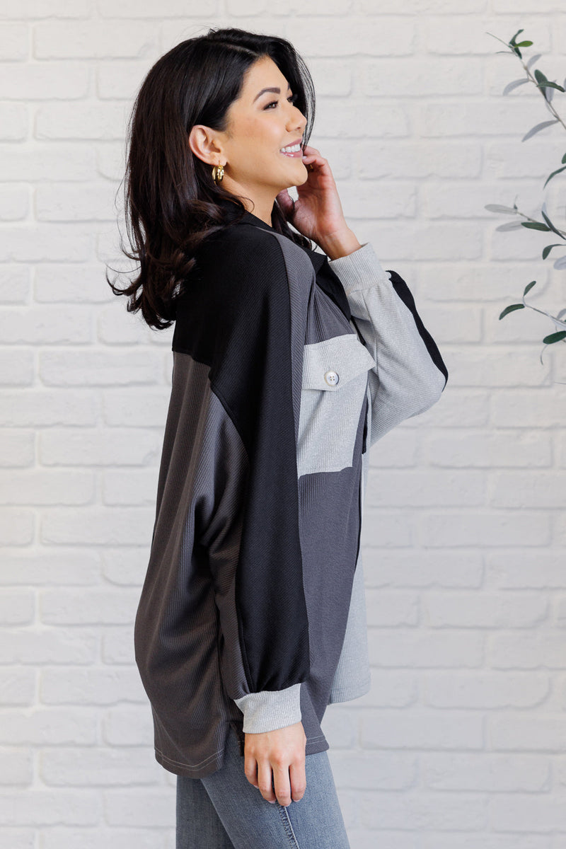 Chip Off the Old Colorblock V-Neck Henley in Grey - Maple Row Boutique