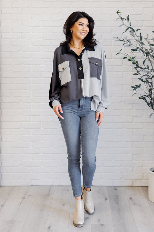 Chip Off the Old Colorblock V-Neck Henley in Grey - Maple Row Boutique