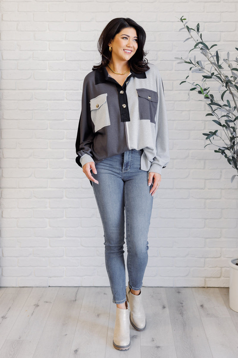 Chip Off the Old Colorblock V-Neck Henley in Grey - Maple Row Boutique