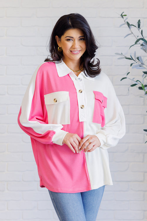 Chip Off the Old Colorblock V-Neck Henley in Pink - Maple Row Boutique