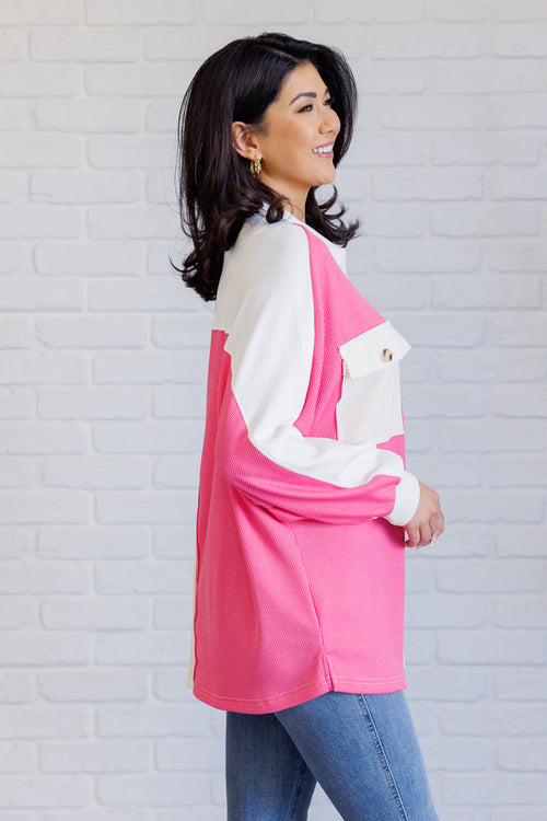 Chip Off the Old Colorblock V-Neck Henley in Pink - Maple Row Boutique