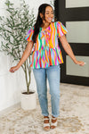 Chromatide Puff Sleeve Blouse in Mint/Orange - Maple Row Boutique