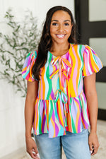 Chromatide Puff Sleeve Blouse in Mint/Orange - Maple Row Boutique