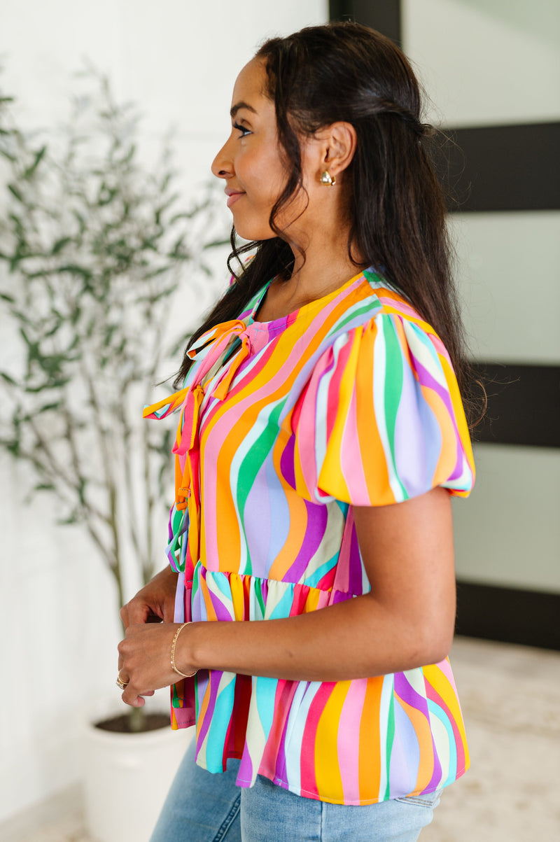 Chromatide Puff Sleeve Blouse in Mint/Orange - Maple Row Boutique