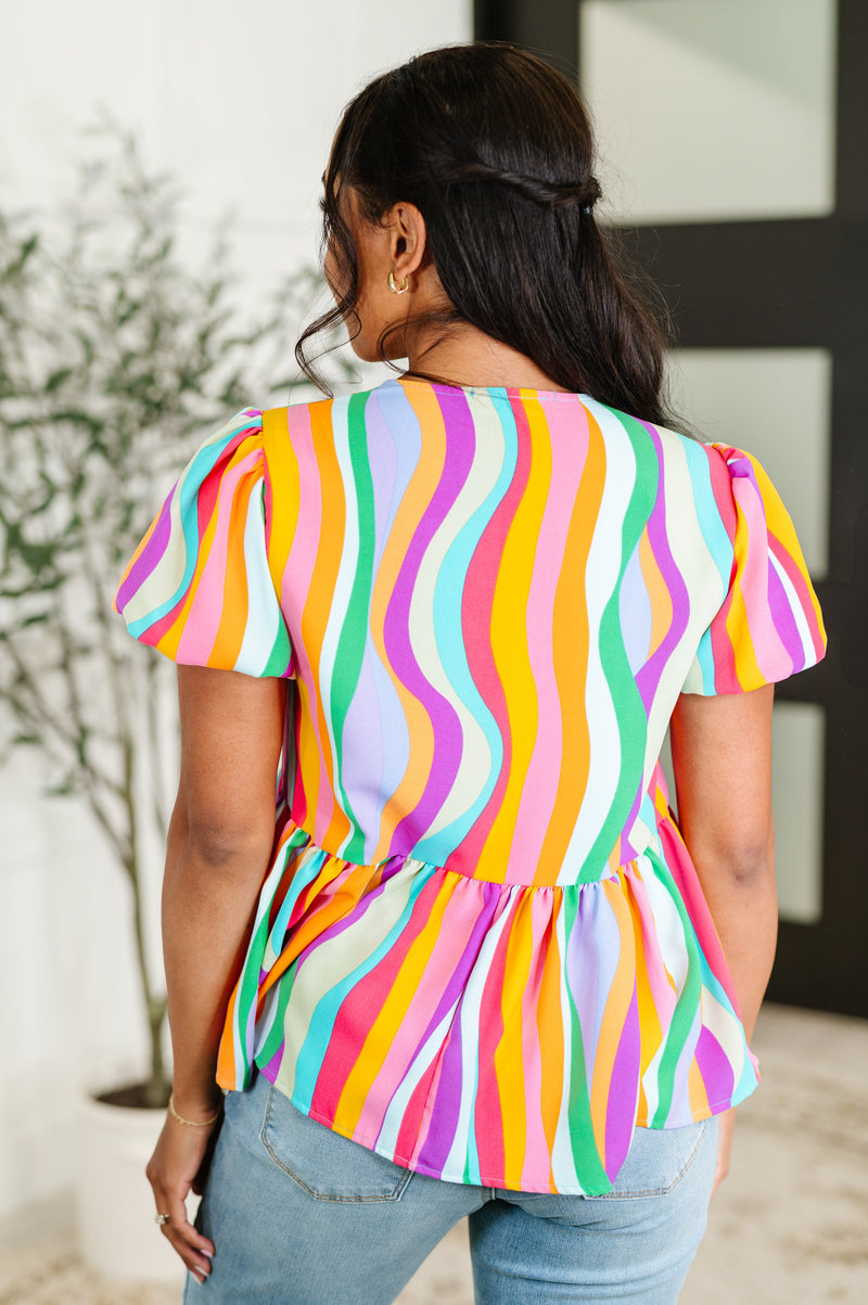 Chromatide Puff Sleeve Blouse in Mint/Orange - Maple Row Boutique
