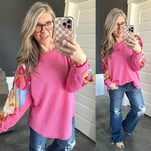 Waffle Knit Top With Floral Sleeves In Pretty Pink - Maple Row Boutique 