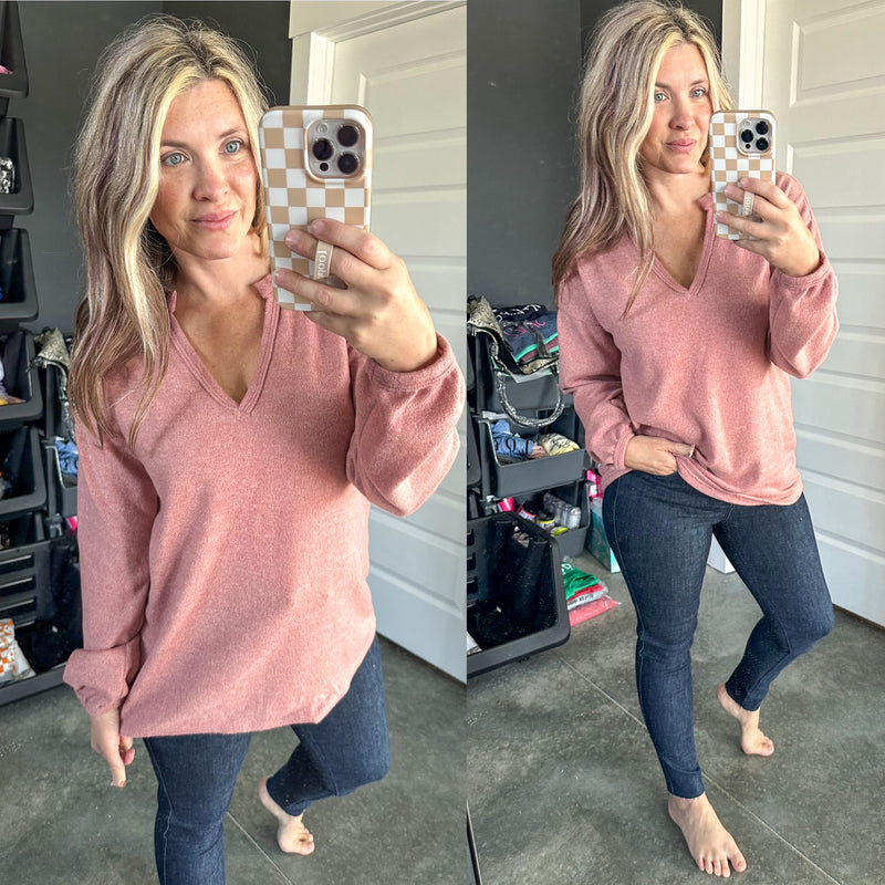 Long Sleeve Knit Top In Dusty Pink - Maple Row Boutique 