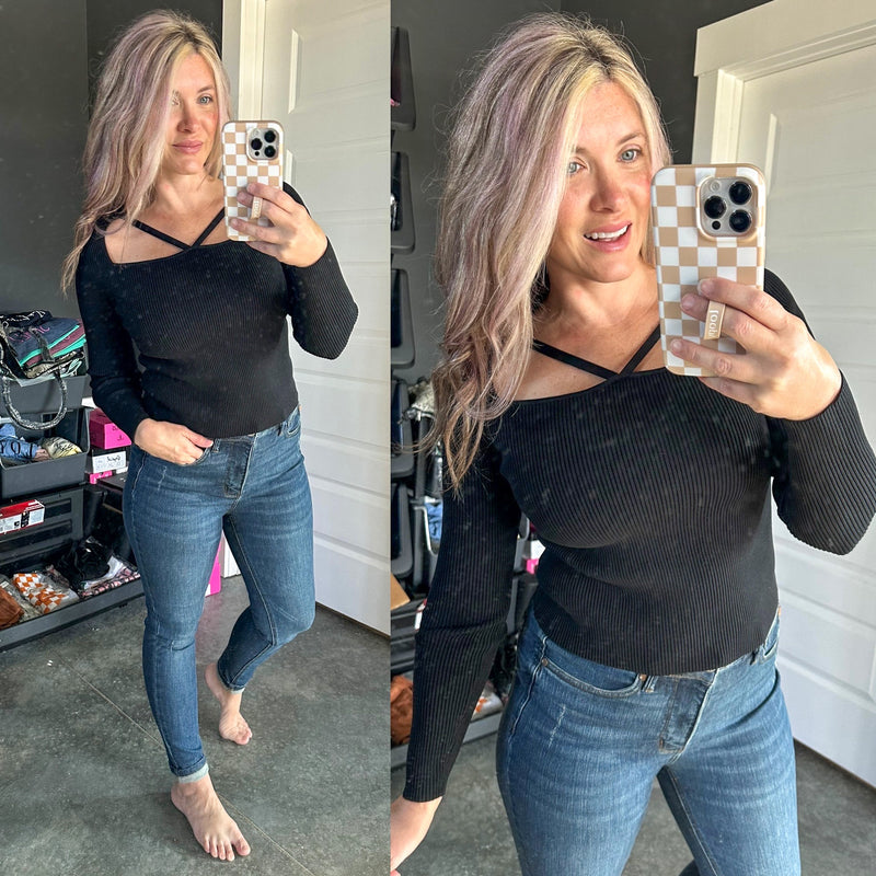 Strappy Front Detailed Sweater In Classic Black - Maple Row Boutique 